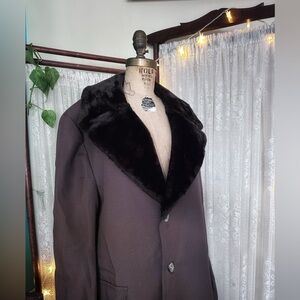 Groovy Vintage 1970s Dark Chocolate Brown Faux Fur Trench Coat Size 40